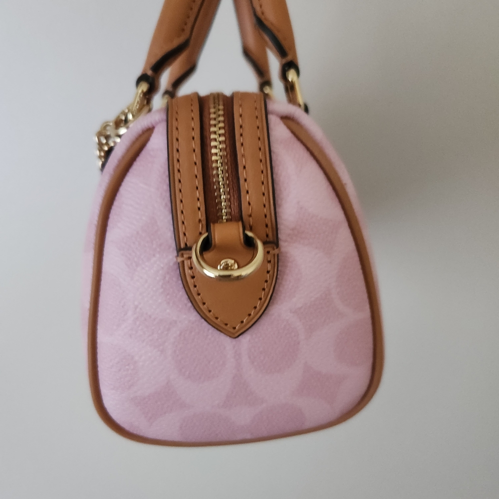 Coach Powder  Pink Signature Mini Satchel with Tan Handles & Gold Hardware Cek79 - Picture 2 of 7